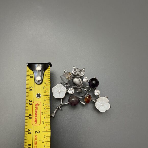 Owl On A Branch Brooch Natural Stone Flower Hijab Pin Costume Jewellery - Picture 7 of 9